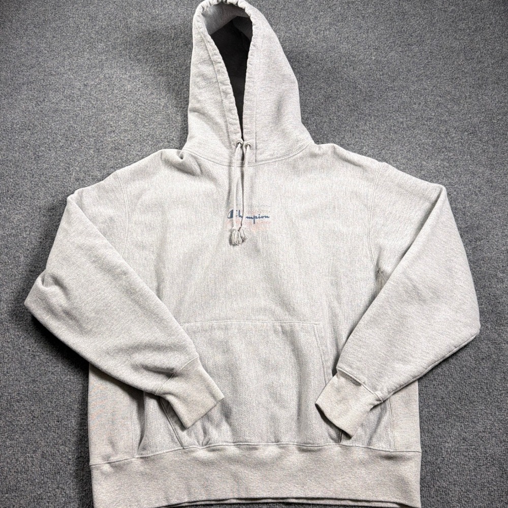 Champion Reverse Weave Hoodie Mens XL Gray Stacked Script Logo Pullover